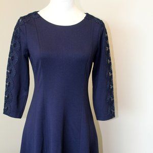 Talbots Lace Sleeve Ponte Fit & Flare Dress, Navy Blue, 2P